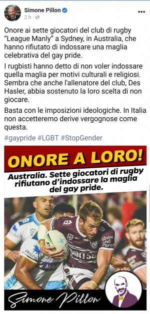 Pillon elogia i sette rugbisti australiani che non vogliono gay nello sport